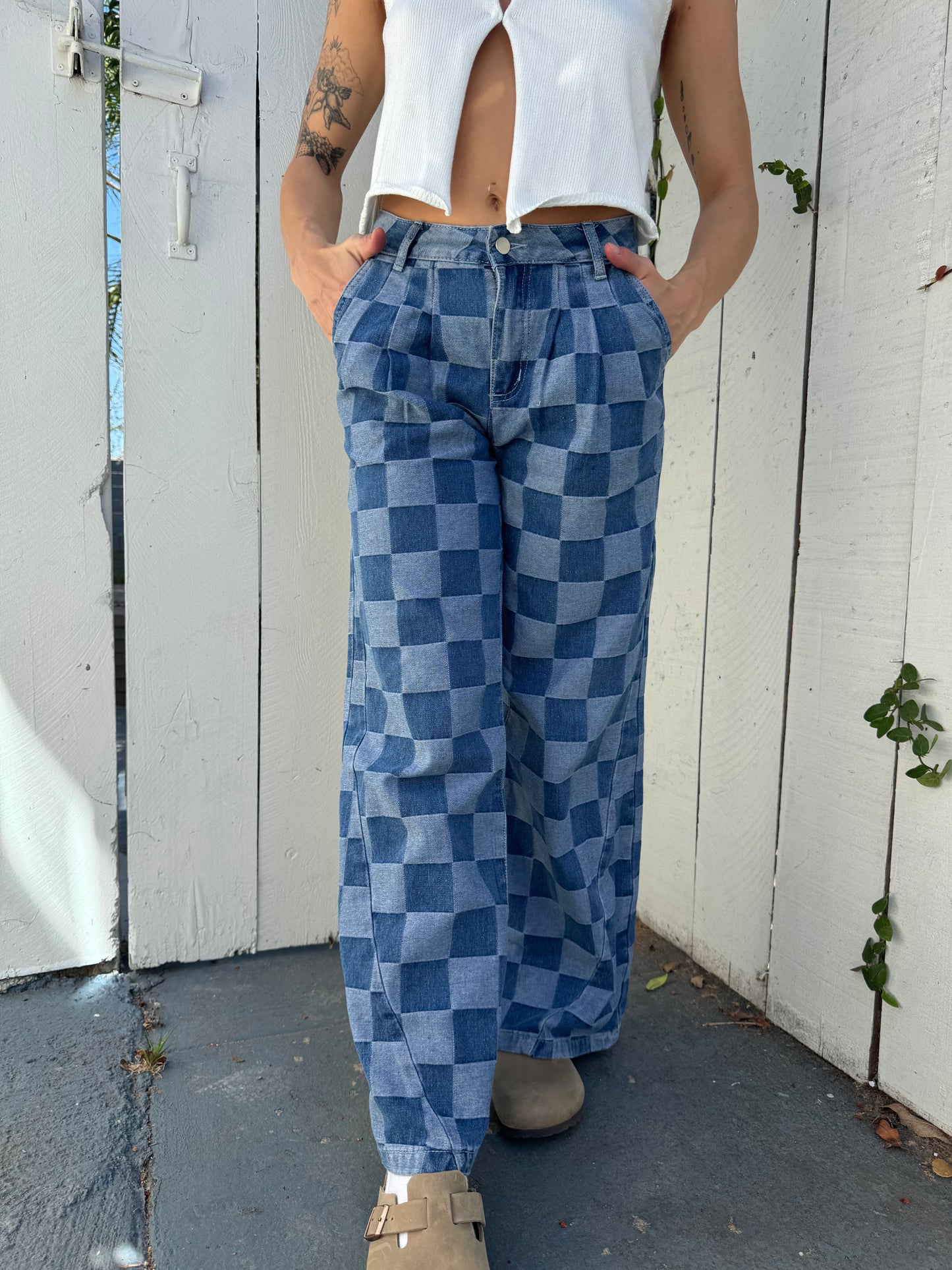 Checkered Wide Leg Jeans with Pockets