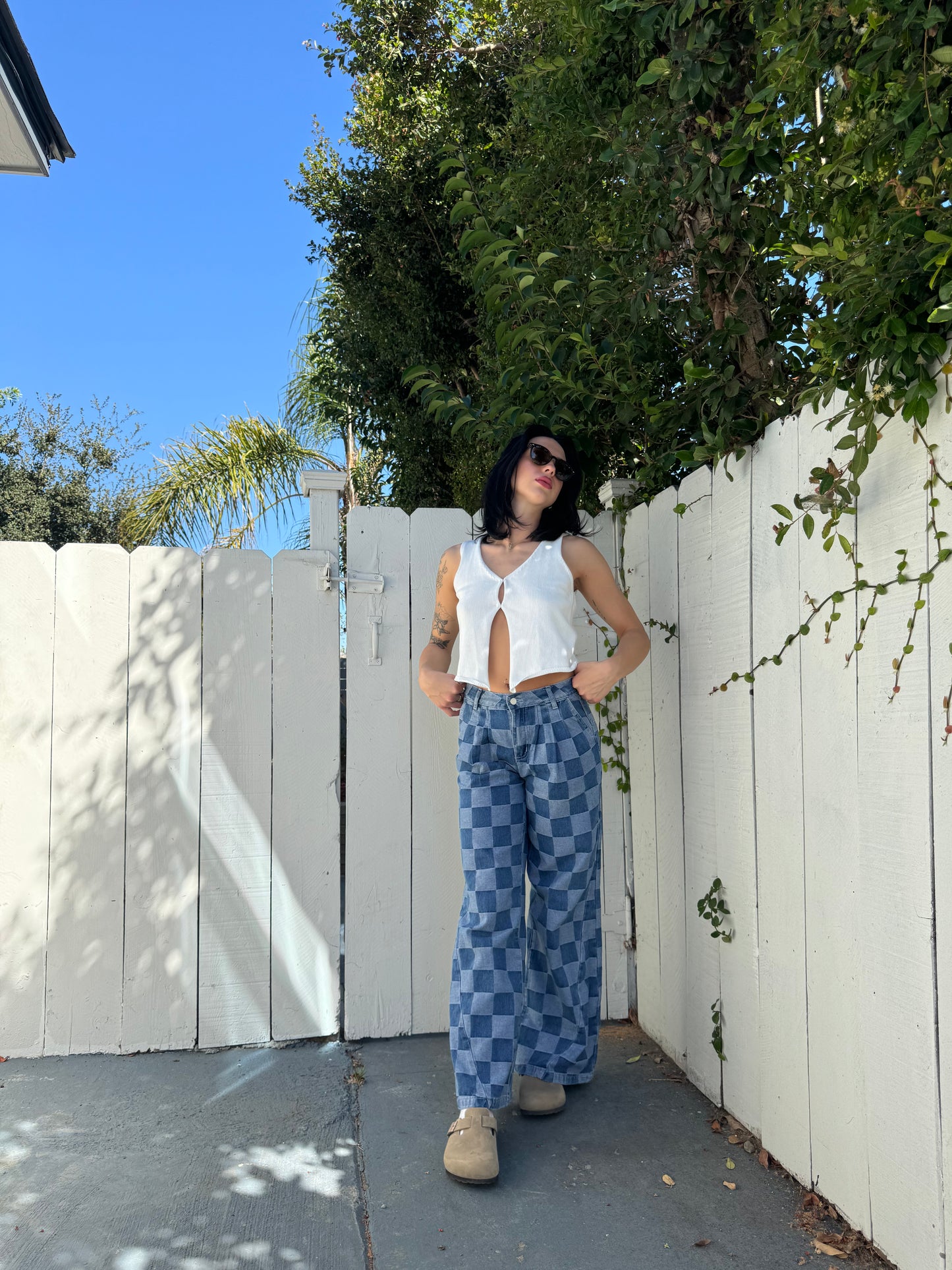 Checkered Wide Leg Jeans with Pockets