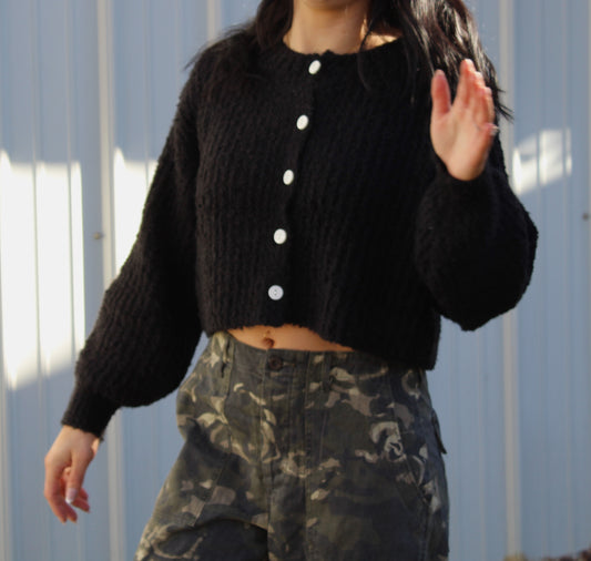 Fuzzy Black Loose Fit Button Down Cardigan