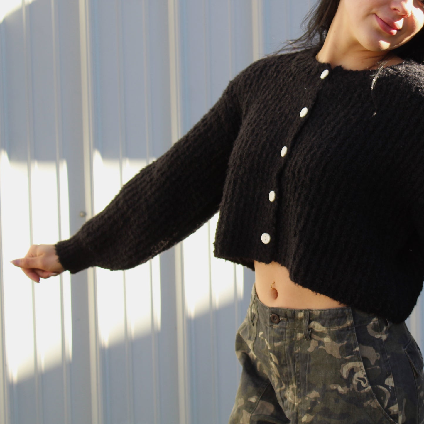 Fuzzy Black Loose Fit Button Down Cardigan