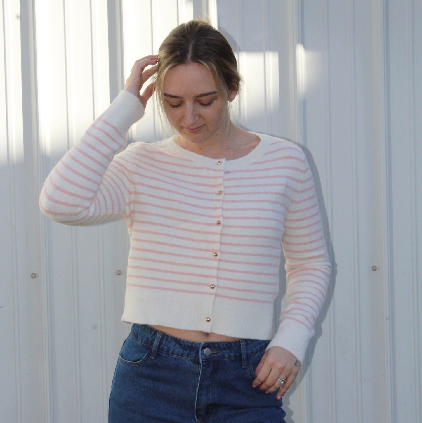 Baby Pink Striped Button Down Sweater