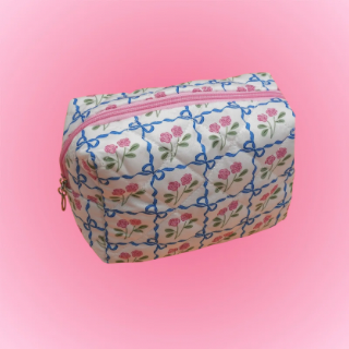 Quilted Floral Bow Cosmetic Bag