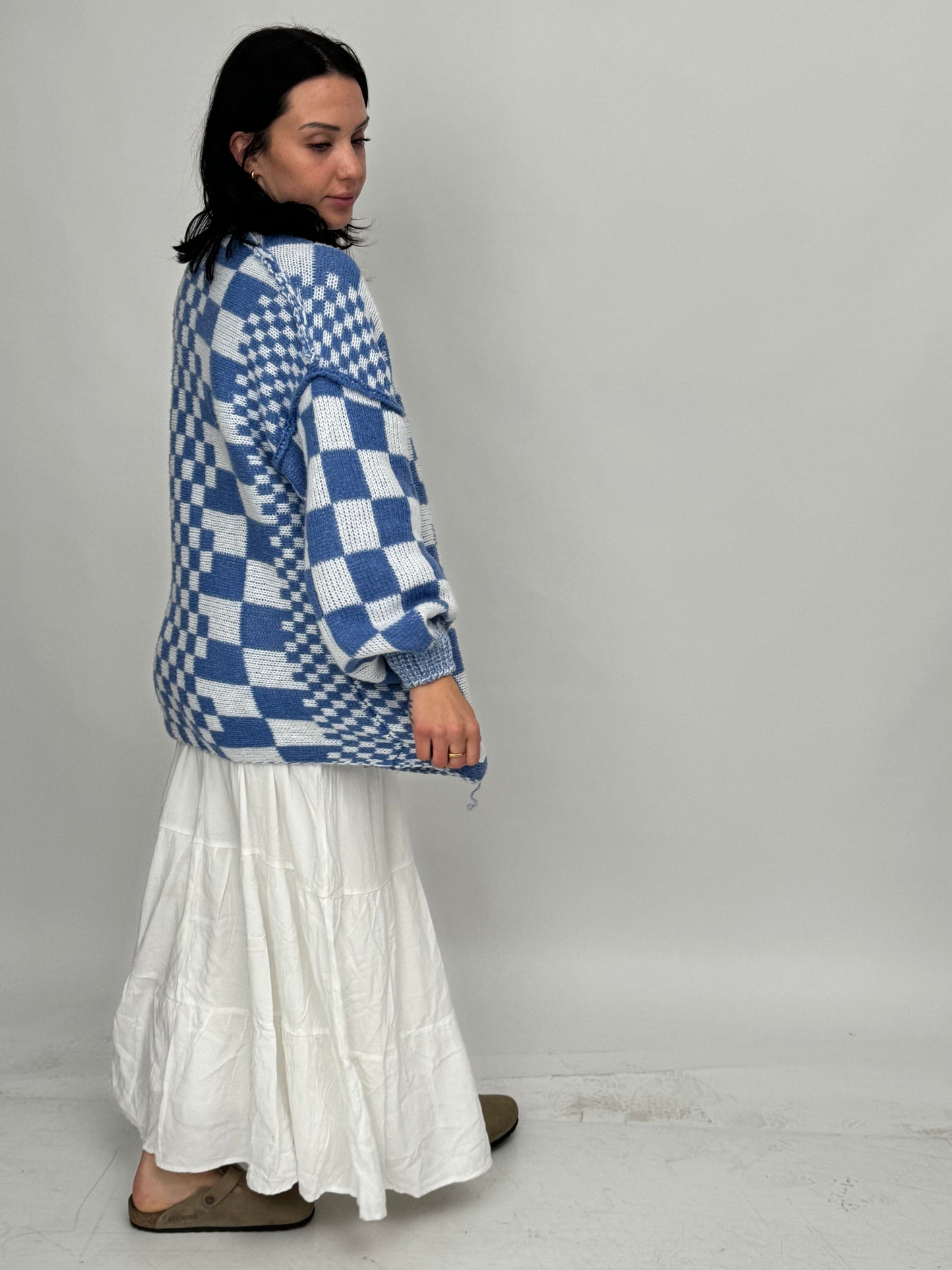 Double Take Full Size Open Front Checkered Drop Shoulder Cardigan