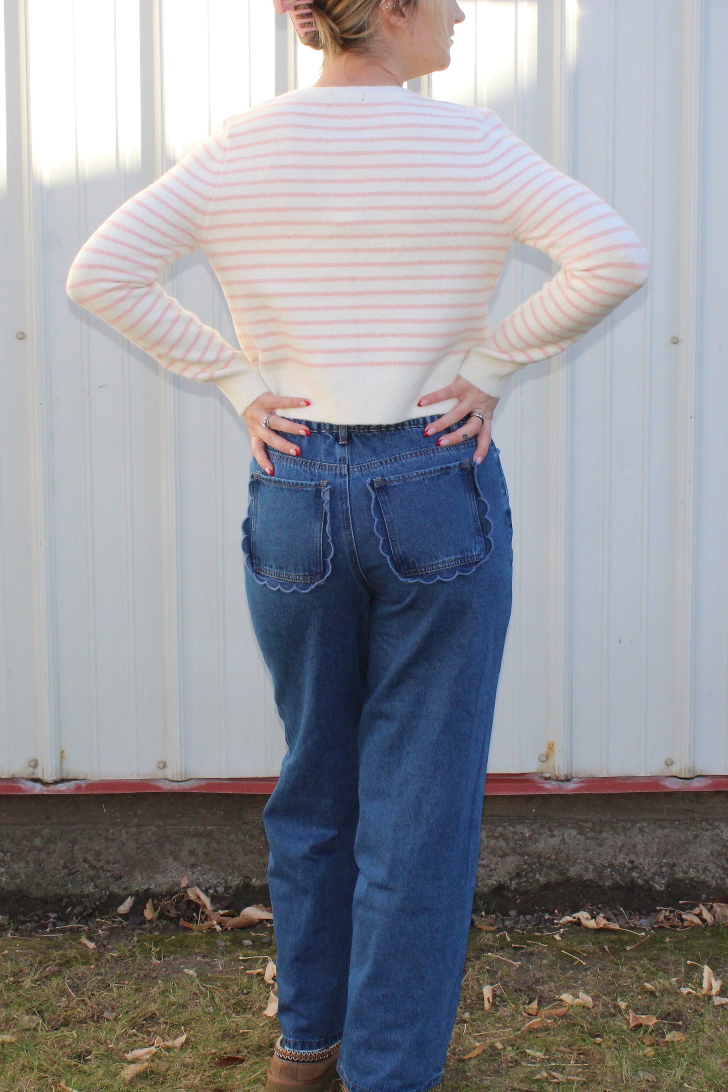 Scalloped Dark Wash Straight Leg Jeans