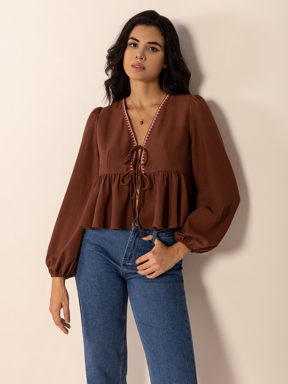 Peplum Tied V-Neck Long Sleeve Blouse