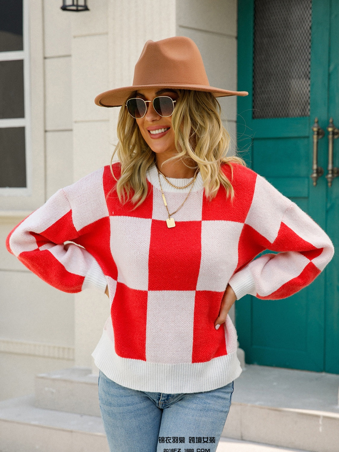 Angel Wings Checkered Round Neck Dropped Shoulder Sweater