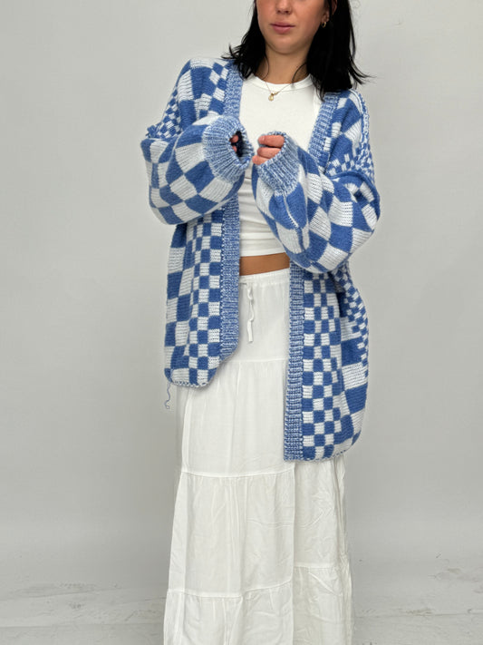 Double Take Full Size Open Front Checkered Drop Shoulder Cardigan