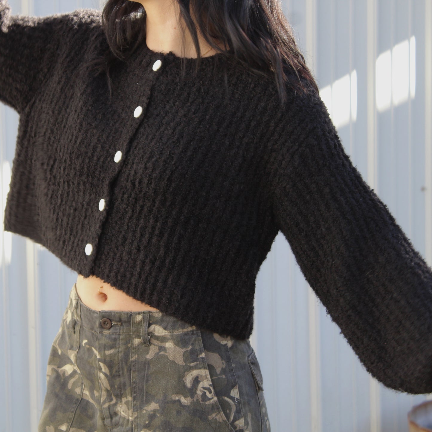 Fuzzy Black Loose Fit Button Down Cardigan