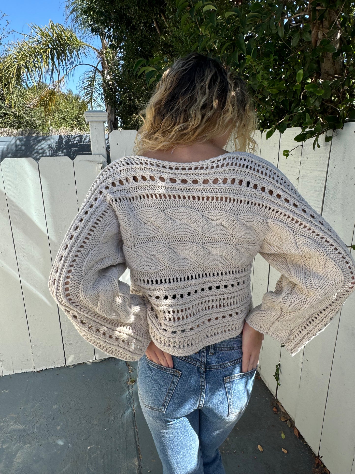 Cable-Knit Openwork Long Sleeve Sweater