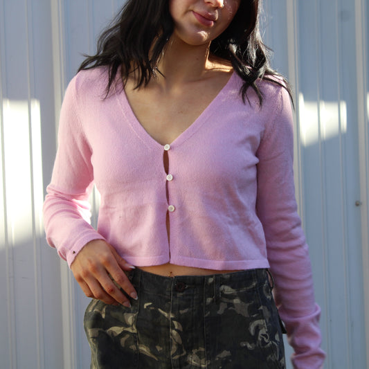 Pink Cropped Button Down Lightweight Sweater