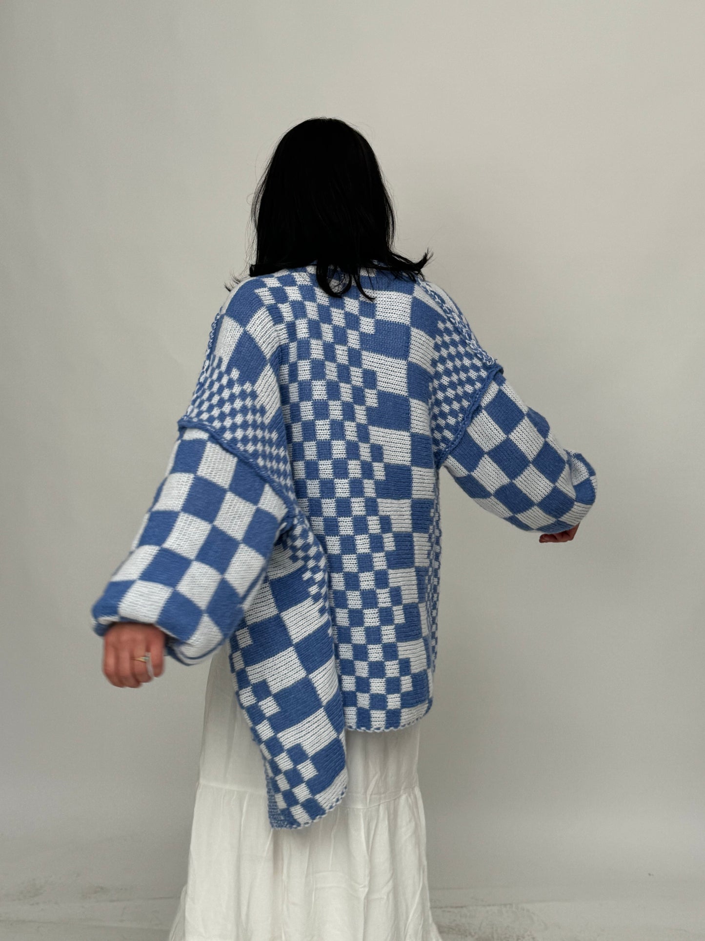 Double Take Full Size Open Front Checkered Drop Shoulder Cardigan