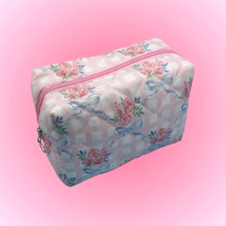 Quilted Floral Bow Cosmetic Bag