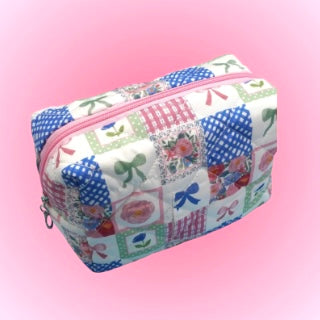 Quilted Bow Floral Print Cosmetic Bag